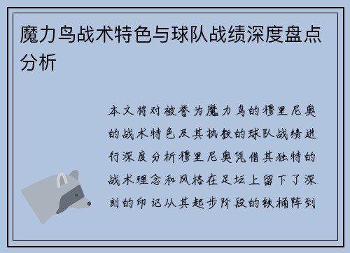 魔力鸟战术特色与球队战绩深度盘点分析