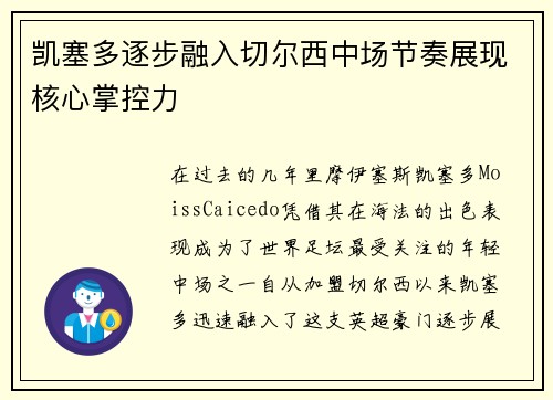 凯塞多逐步融入切尔西中场节奏展现核心掌控力